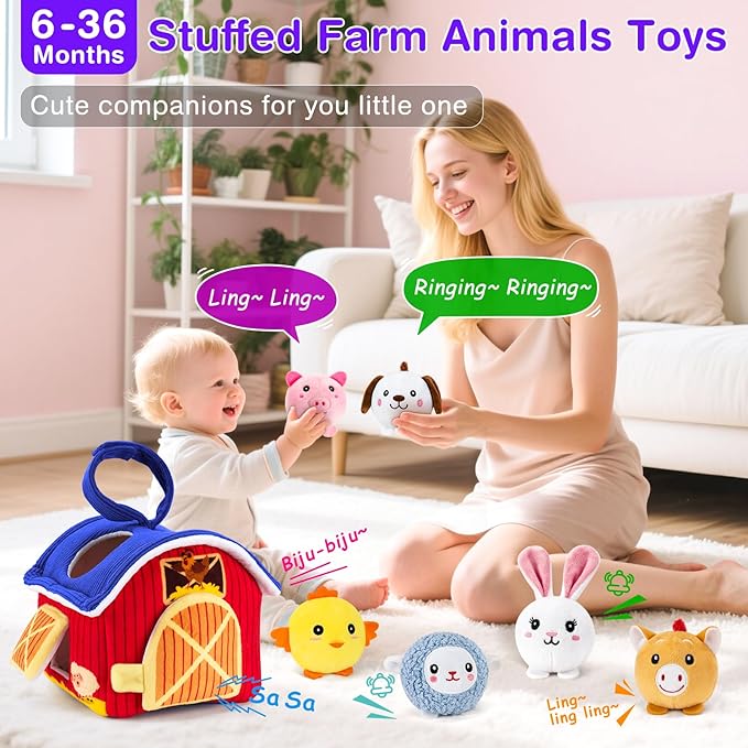 Montessori Sensory Toys for Baby - First Surprise Barn with 6 Stuffed Farm Animals - Rattles, Crinkles, Squeak, Mirror - 6-12 Months Infant &1-3 Years Toddler boy Girl Gifts & Travel Toy