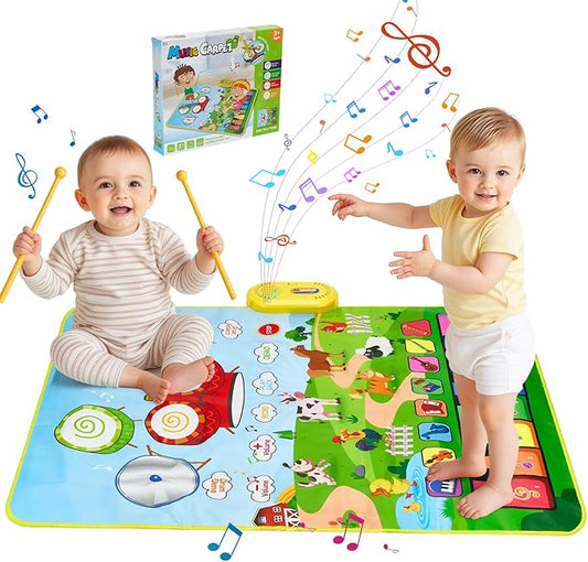 Baby Musical Play Mat,Early Educational 3 in 1 Floor Piano Drum Animal Play Blanket Montessori Sensory Musical Learning Toys,Baby 1-3 Birthday (Green Farm Pattern-35.4"*27.5 ")