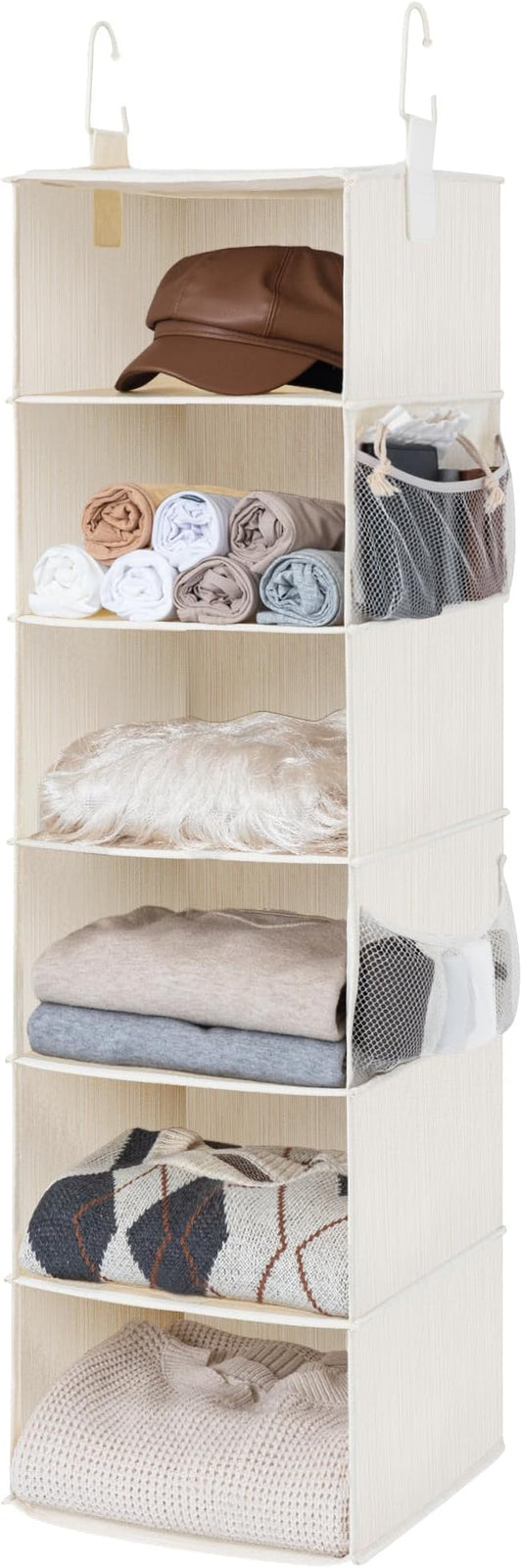 StorageWorks 6-Shelf Hanging Closet Organizer, Hanging Shelves for Closet, Fabric, Mixing of Beige, White & Ivory, 12" D x 12" W x 47 1⁄2" H