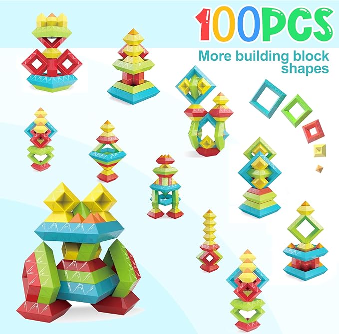 100Pcs Montessori Toys for Ages 1-3 2-5 Toddlers Kids Baby,Pyramid Stacking Building Toys,3D Preschool Learning Blocks for Kids,STEM Sensory Toy Gifts for 2-4 Year Old Boy Girl,Big Plastic Storage Box