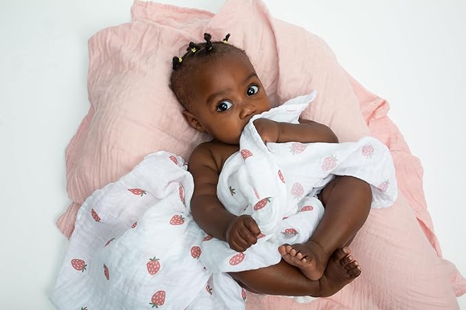 Lulujo Baby Swaddle Blankets | Unisex Softest Breathable Cotton Muslin Swaddle Blanket Set | Neutral Receiving Blanket for Girls & Boys | 40in x 40in | Strawberries & Ballet Slipper | 2-Count