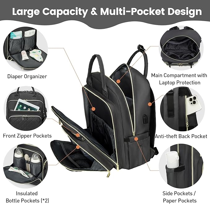 LOVEVOOK Baby Diaper Bag,Waterproof Diaper Backpack with USB Charging Port for Bab, Large Capacity Fit for 15.6 inch Laptop,Dark Grey