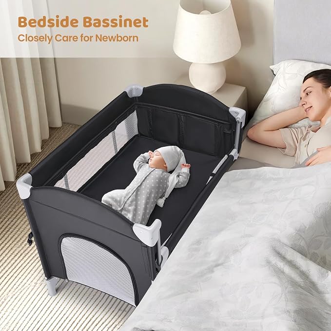 JOYMOR 5-in-1 Pack and Play with Bassinet and Changing Table, Lightweight Travel Crib, Foldable Baby Playard, Waterproof Changing Top, Carry Bag & Wheels
