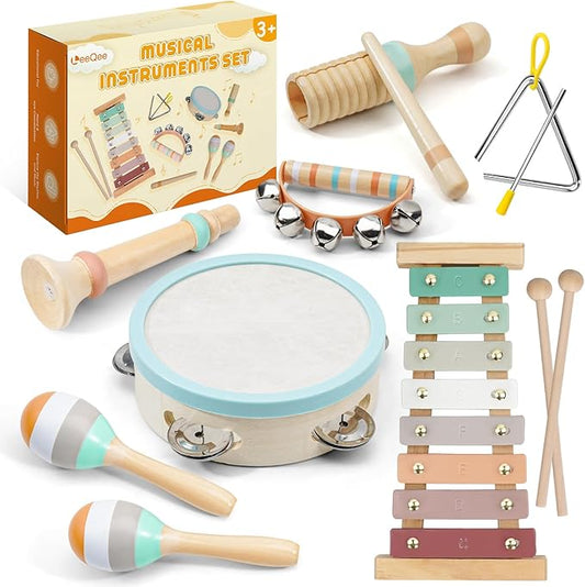 LeeQee Montessori Toys for 1 2 3 Year Old - Wooden Toys Baby Musical Instruments, Neutral Colors Percussion Instruments Set with Modern Boho Xylophone for Toddlers 3+ Music Education