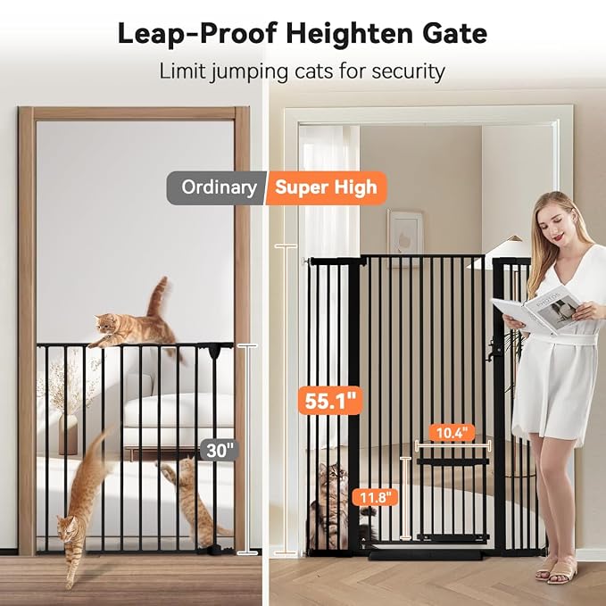 COMOMY 55.1" Extra Tall Pet Gate for Cats, 29.5-43" Extra Wide Cat Gate with Adjustable Cat Door, Pressure Mounted Easy Walk Through Pet Gate with Door for Stairs, Doorways, Kitchen(Black)