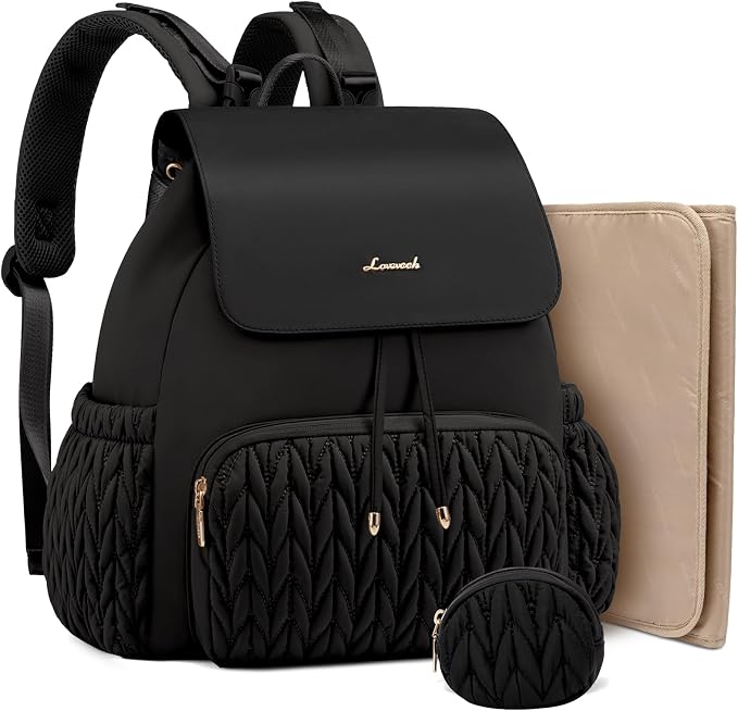LOVEVOOK Diaper Bag Backpack, Small Cute Baby Bag, Stylish Water-Resistant Travel Bag for Mom, Baby Backpack with Changing Pad, Stroller Straps - Black