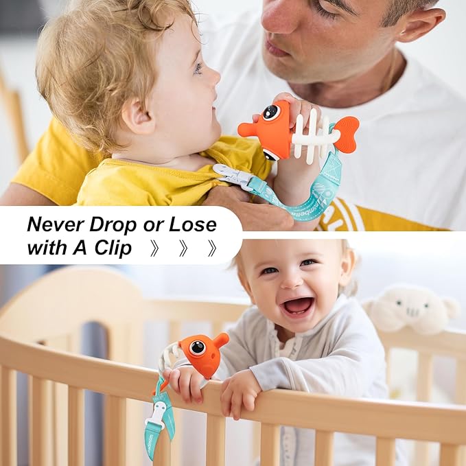 Teething Toys 3-6 Months, Mombella Clownfish Teethers for Babies 6-12 Months, Soft Silicone Baby Teether Toys with Anti Drop Clip, Baby Chew Toys 6 to 12 Months, Infant Teething Relief Toy, Orange
