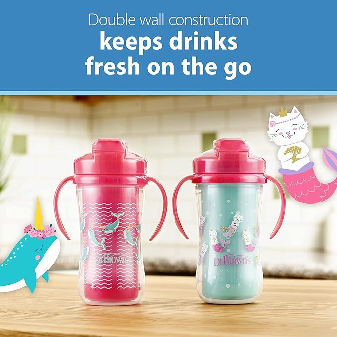 Dr. Brown's Milestones Insulated Sippy Cup with Straw and Handles, Spill-Proof Tumbler with Lid, Pink, 10 oz/300 mL, BPA-Free, 12m+, 4-Pack