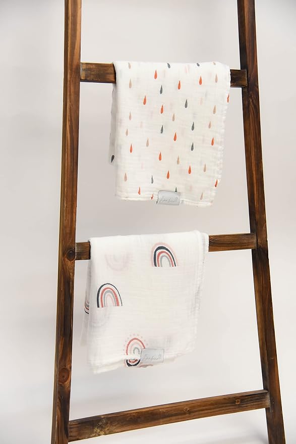Baby Swaddle Blanket - 2 Pack | Boho Rainbows + Raindrops Set | Muslin Cotton Blend | Newborn Essentials | Boys & Girls Baby Stuff | Receiving Blanket | Rainbow Baby |