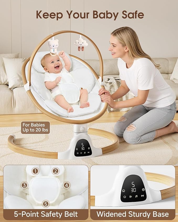 Baby Swings for Infants, Electric Infant Swing with 5 Speed Modes, 5-Point Harness, 3 Timer Settings, Built-in Lullabies & Bluetooth, Portable Modern Swing for Indoor & Outdoor (White)