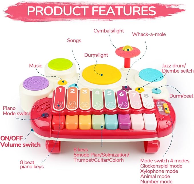 3 in 1 Musical Toys for Toddlers 1-3 Piano Xylophone Drum Set Toys for 1 2 3 Year Old Girls Birthday Music Instruments Baby Learning Developmental Sensory Toys Toddler Toys Age 1-2 2-3