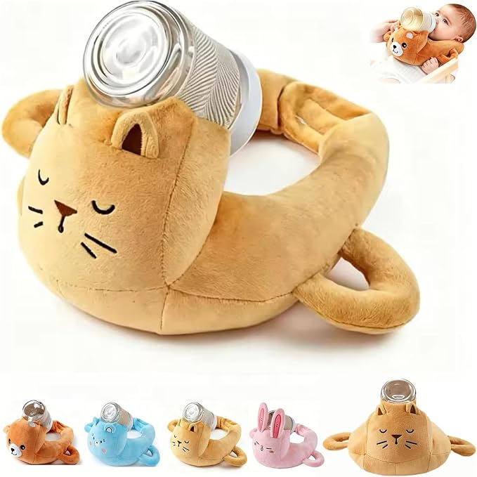 Plush Bottle Holder Pillow, Hands Free Feeding Nursing Assistant, Ergonomic Bottle Support Cushion, Soft Animal Cover Protector, Machine Washable, Neck Pillows, Bottle Not Included (Cat)