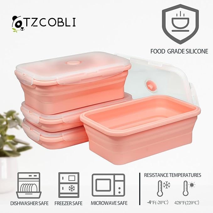 Plus 4PCS Foldable Silicone Food Storage Containers for Kitchen Storage for Leftovers Fruits and Meal Prep Dishwasher Safe Microwave Safe Ideal for Home and Travel (Pink, 40OZ)