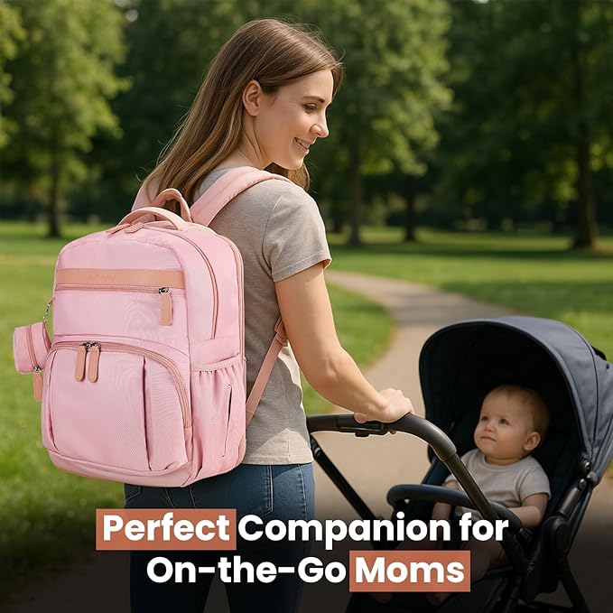 Baby Diaper Bag Backpack with Changing Station, 28Liters Capacity Nylon Baby Registry Mom Bags, Travel Friendly Unisex Bag, Essential Bag with Insulated Pockets, Pink