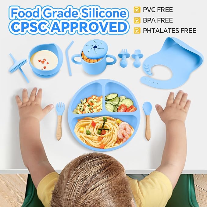 Silicone Baby Feeding Set, BPA Free Baby Feeding Essentials, Baby Suction Bowl, Plates, Bib, Sippy Cup, Spoons set, Baby Led Weaning Supplies to Develop Self-feeding Skills (Blue, With Lid)