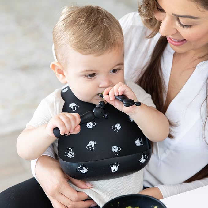 Bumkins Disney Bibs, Silicone Pocket for Babies, Baby Bib for Girl or Boy, for 6-24 Months Up to Toddler, Essential Must Have for Eating, Feeding, Baby Led Weaning Supplies, Mess Saving, Mickey Mouse
