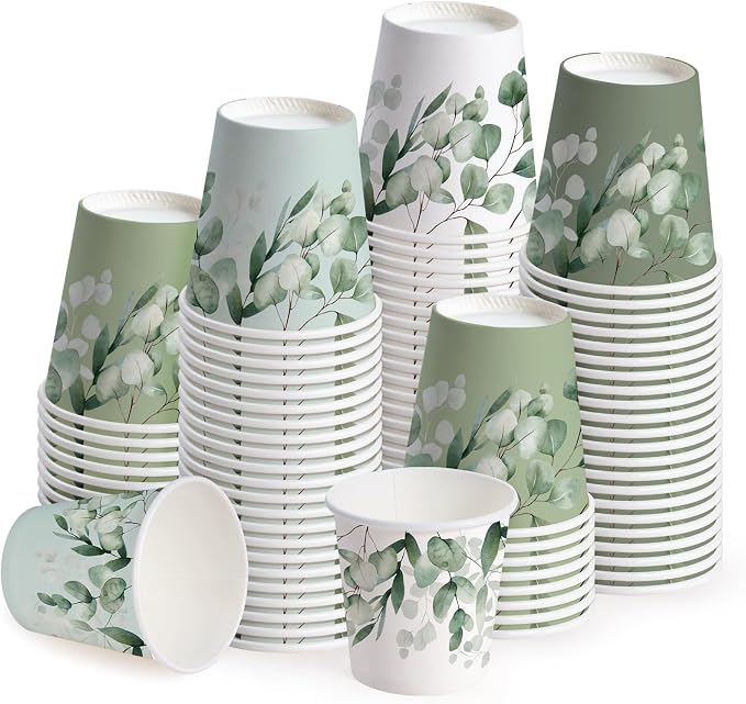 WRAPAHOLIC 3oz Eucalyptus Leaves Paper Cups - 100 Pack Disposable Bathroom Cups with Green Eucalyptus 4 Designs, Small Mouthwash Cup for Toothbrush Rinse, Home Bathroom, Baby Shower and Wedding
