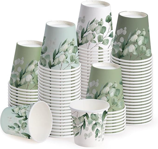 WRAPAHOLIC 3oz Eucalyptus Leaves Paper Cups - 100 Pack Disposable Bathroom Cups with Green Eucalyptus 4 Designs, Small Mouthwash Cup for Toothbrush Rinse, Home Bathroom, Baby Shower and Wedding