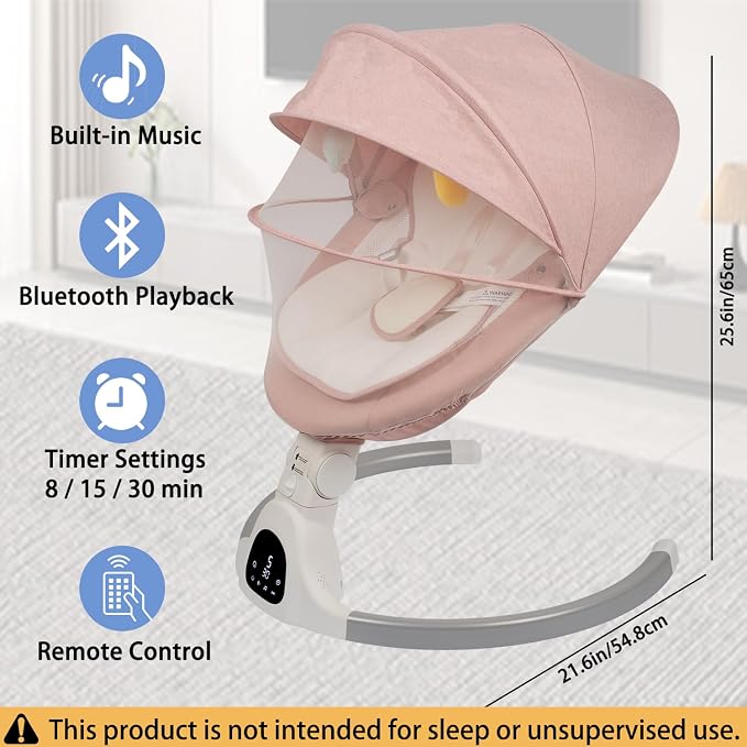 JFOVMCYG Electric Baby Swing for Infants 0-9 Months, Portable Infant Swing with 5 Swing Speeds, Bluetooth Audio, Remote Control, Washable Seat Cover, Pink, Up to 20 lbs