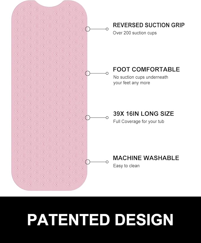 OTHWAY No Suction Cup Bath Mat: 39x16inch Extra Long Bathmat?‚Perfect for Refinished Bathtub Mat?‚Made of Nature Rubber?‚a Blessing for The Elderly and Children (Pink)