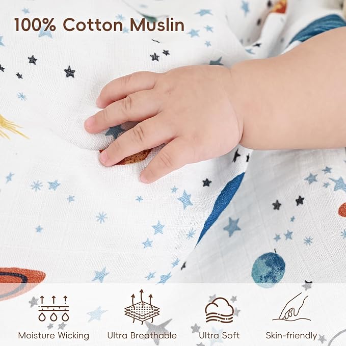 david's kids 4 Pack Baby Muslin Swaddle Blankets, 100% Cotton and Ultra Soft Breathable Receiving Blanket Wrap for Boys Girls, New Born Essentials, Large 47 x 47 inches, Space&Stars