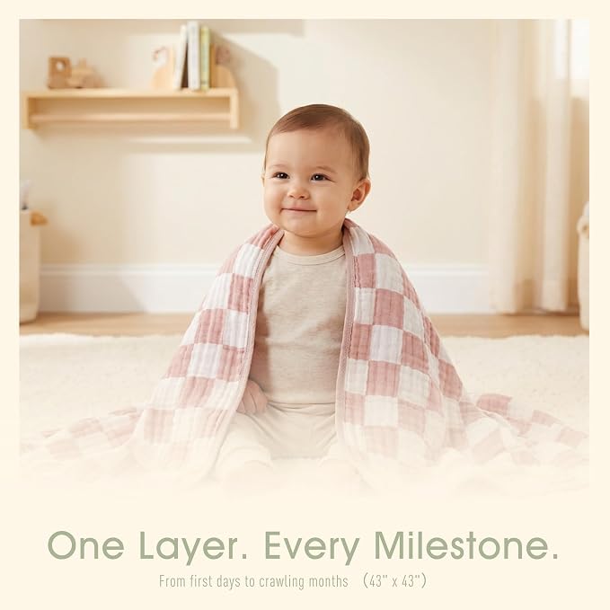 6-Layer Muslin Baby Blanket Made with Organic Cotton - Classic Neutral Checkered, Swaddle & Crib Quilt, 43”x43”, Dusty Pink Checkered, 1-Pack