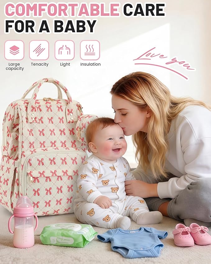 Corduroy Diaper Bag Backpack, Large Capacity Multifunction Baby Diaper Bags for Women, Insulated Bottle Pockets & Pacifier Case, Stylish Travel Nappy Changing Bags for Mom Dad (Bow Pink)