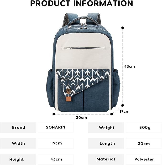SONARIN Large Capacity Multi-Pocket Diaper Bag Backpack Waterproof Nappy Changing Bag Travel Mummy Bag with Stroller Straps(Blue)