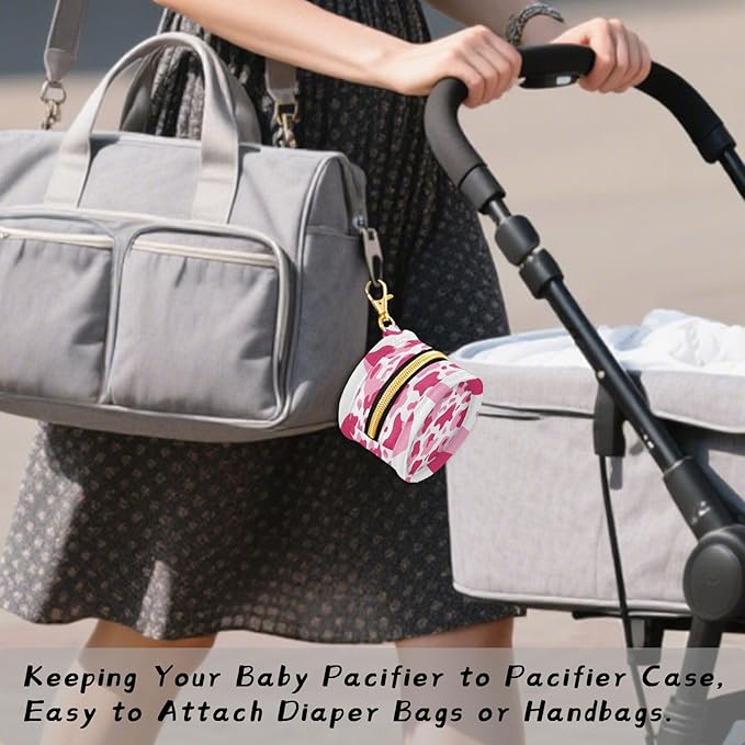 Pacifier Holder with Clip Pacifier Case for Diaper Bag Round Baby Pacifier Pouch Box Bag Portable Pink Cow Print White