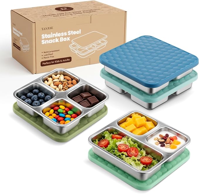 Tanjiae Stainless Steel Snack Box for Kids & Toddlers, 20oz Multi-Compartment Leak Proof Small Food Containers with Silicone Lids - Reusable Metal Bento Box for Daycare, School, Travel, Camping