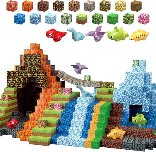 Daoyehsy 205Pcs Magnetic Blocks Dinosaur Toys Build 3D World, 1" Magnetic Building Blocks Magnet Cubes Tiles for Toddler Boys Girls 3+, STEM Sensory Building Toys Games