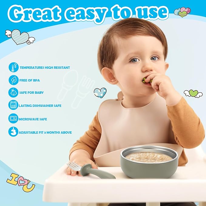 Honeydak 2 Pack Stainless Steel Baby Plates and Bowls with Suction & 2 Pack Spoons and Forks Set Kid Gift Toddler Utensil Baby Feeding Set Divided Plates for Weaning Supplies(Blue,Green)