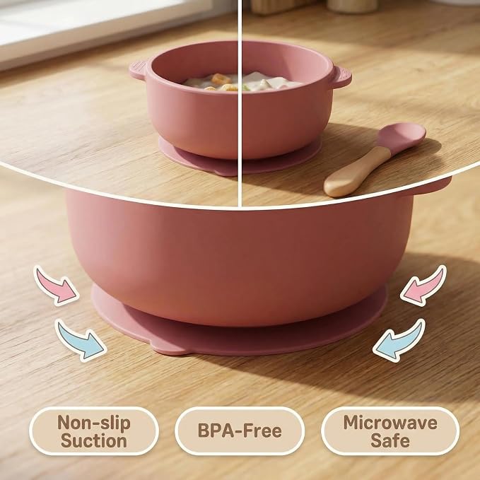 Silicone Baby Feeding Set with Suction Bowls, Divided Plate, Adjustable Bib, Wooden Handle Utensils, Training Cup, 9-Piece Weaning Essentials, Sage Green (Rosy)