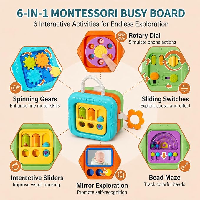 6-in-1 Montessori Busy Board for Toddlers 1-3, Sensory Activity Board with Fine Motor Skills Toys, Portable Travel Toy, Educational Learning Toy for Boys and Girls Ages 1-3