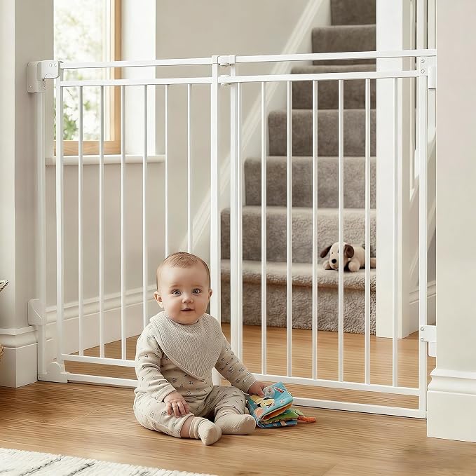 Extra Tall Baby Gate for Stairs and Doorways, 26-43” W x 39” H(Must Drill to Install), One-Hand Operation, Auto-Close Feature, No Bottom Threshold, for Babies and Pets, White