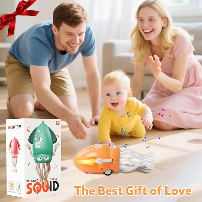 Hirger Dancing Squid Baby Toys, Crawling Octopus Infant Toy for Tummy Time, Sensory Toy for 3-6-12-18 Months Babies & Toddlers 1-2-3, Musical Birthday Gift for Boys Girls