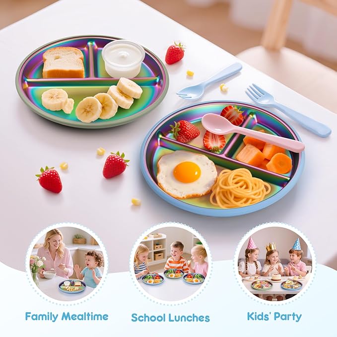 Stainless Steel Toddler Plates with Suction, 9" BPA-Free Rainbow Baby Plates 2pcs with Removable Food-Grade Silicone Base, Divided Kids Plates Dishwasher Safe, Blue & Green