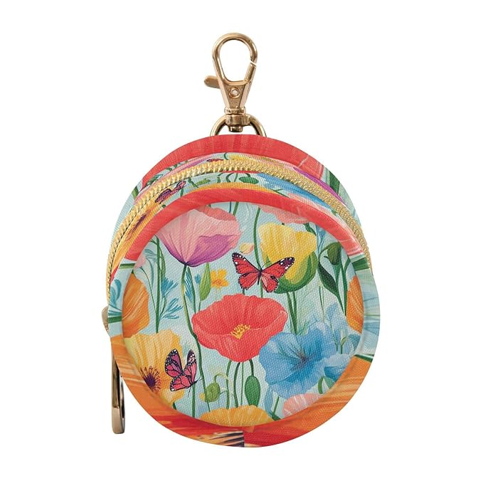 Pacifier Holder with Clip Pacifier Case for Diaper Bag Round Baby Pacifier Pouch Box Bag Portable Colorful Poppies and Butterflies
