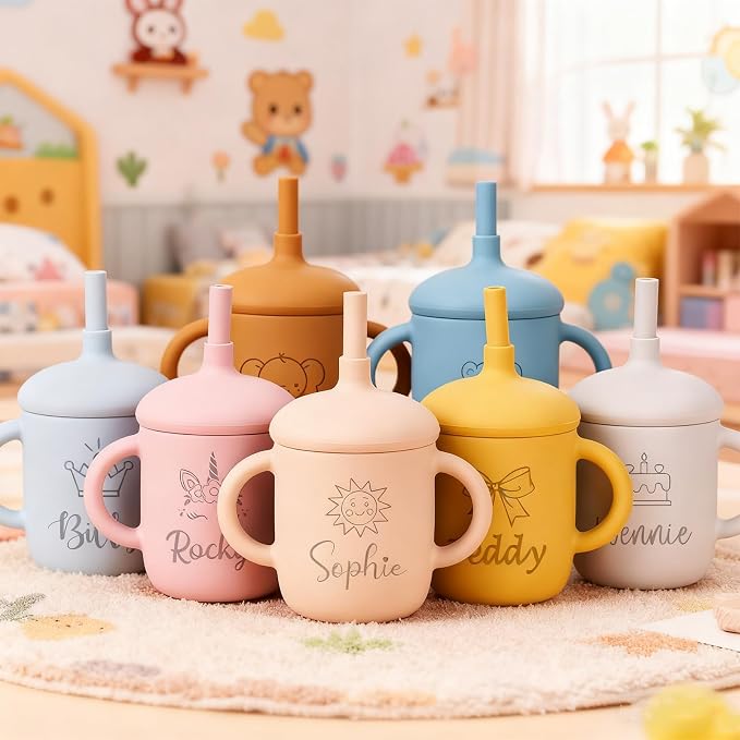 Personalized Silicone Straw Cup Baby Three Stage Training Cup Suitable for Infants Toddlers and Children Baptism Gift Easter Gift