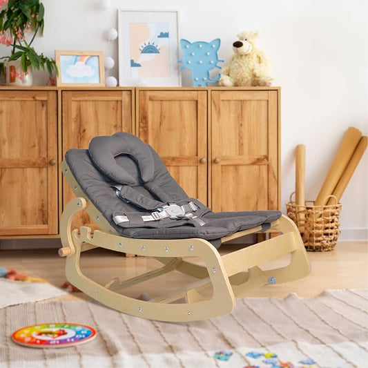 Baby Bouncer,Adjustable Baby Rocker, 3-in-1 Wooden Infant Rocker Chair with 5-Point Harness, Toddler Seat for Infant to Toddlers,Grey