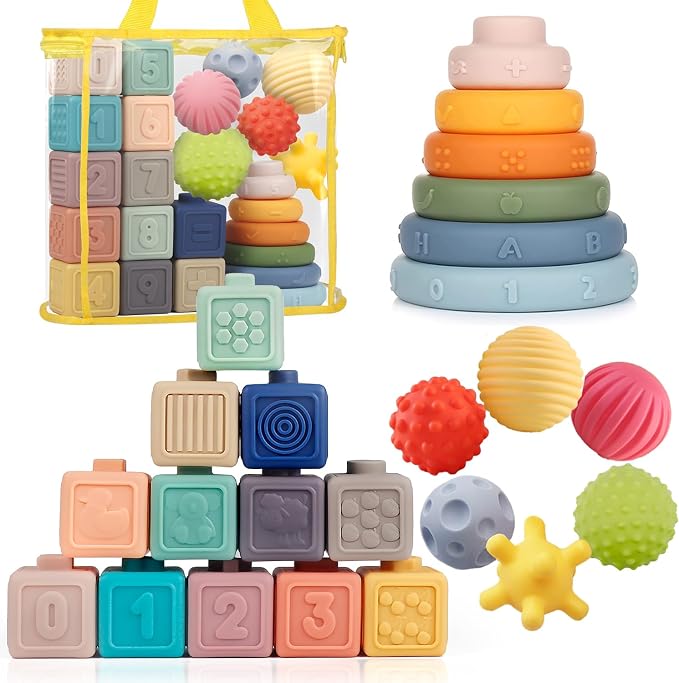 Weilim Montessori Toys Soft Stacking Building Blocks Rings Balls Sets 3 in 1 Baby Toys Bundle for Babies Sensory for Toddlers Teething Bath for Infants Learning Education Toy