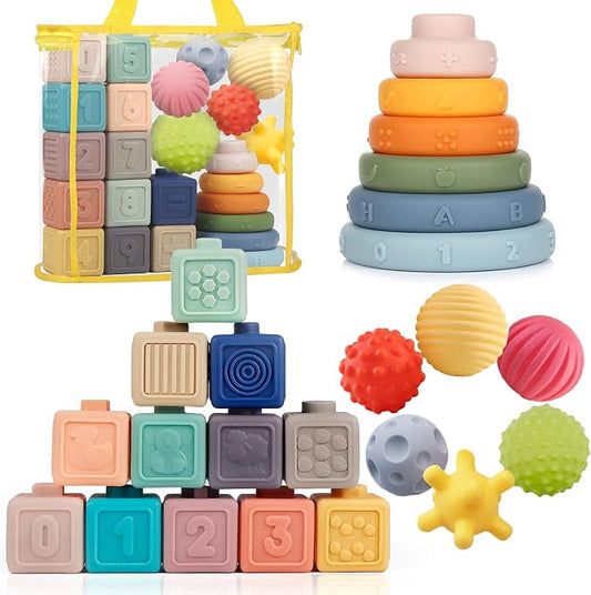 Weilim Montessori Toys Soft Stacking Building Blocks Rings Balls Sets 3 in 1 Baby Toys Bundle for Babies Sensory for Toddlers Teething Bath for Infants Learning Education Toy