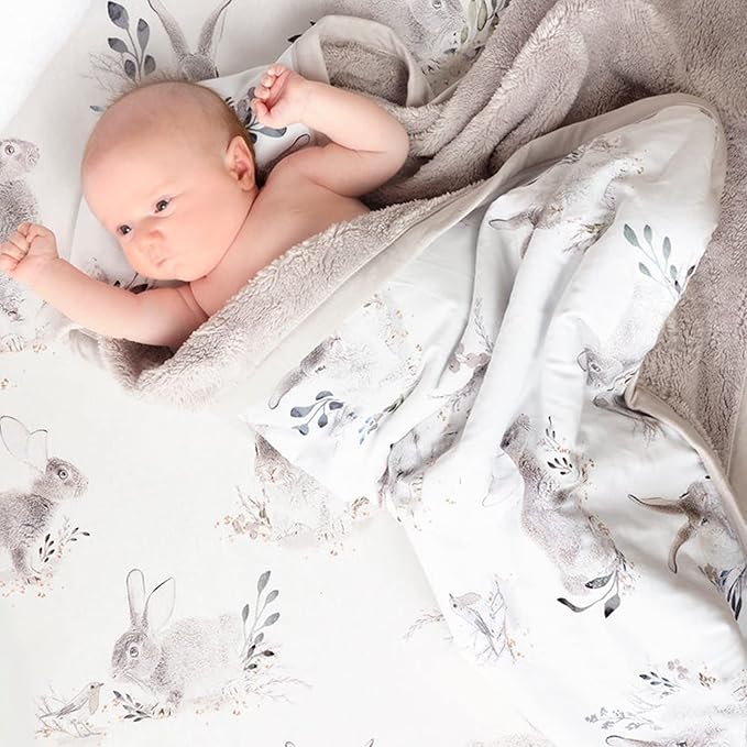 Oilo Baby Blanket, Luxury Soft Plush Chenille Backing & Organic Cotton Jersey Print, Double Layered, 30" x 40", Rolled Jersey Edge Trim, Machine Wash, Perfect for Infant or Toddlers, Cottontail Bunny