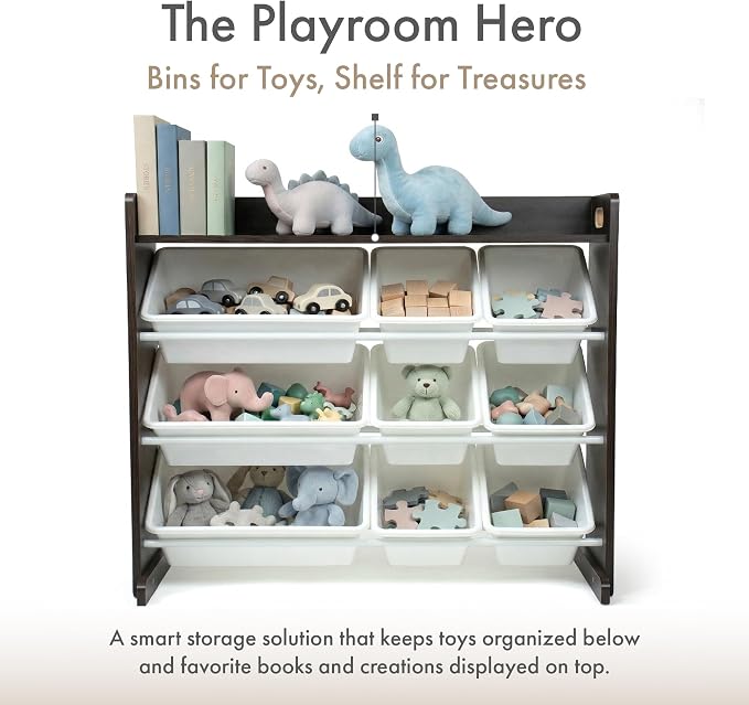 Humble Crew Toy Storage Organizer with 9 Removable Storage Bins for Kids Playroom, 3-Tier with Top Shelf Toddler Toy Organization and Storage, Espresso/White