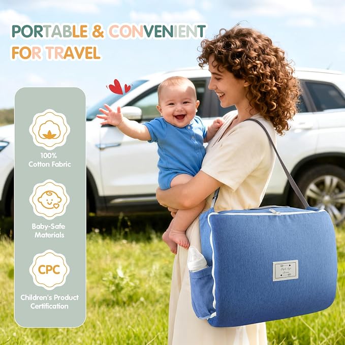 Portable Baby Lounger - Foldable Infant Lounge with Adjustable U-Shaped Bumper & Storage Bag, Breathable Cotton Snug Spot for Supervised Rest & Play at Home or On The Go,Blue Crown