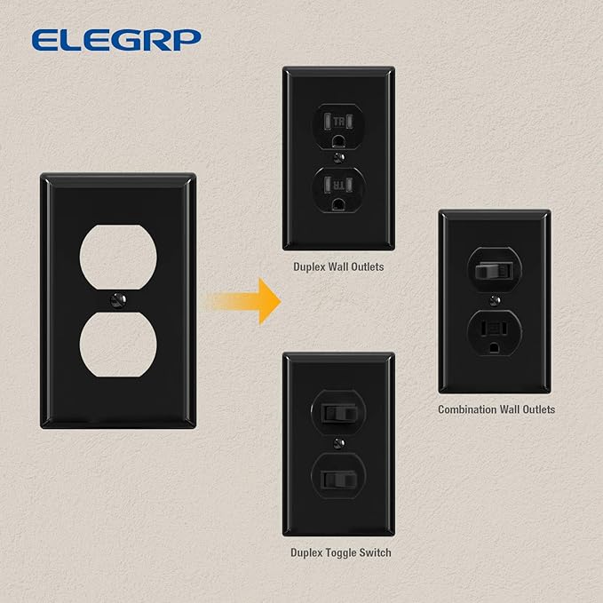 ELEGRP Duplex Receptacle Outlet Covers, 1-Gang Standard Size Wall Plates, Unbreakable Polycarbonate Dual Outlet Faceplates Covers, UL Listed, Color-matched Screws Included (100 Pack, Glossy Black)