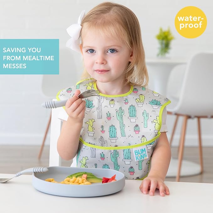 Bumkins Bibs for Girl or Boy, SuperBib Baby and Toddler 6-24 Months, Essential Must Have for Eating, Feeding, Baby Led Weaning Supplies, Mess Saving Catch Food, Waterproof Soft Fabric, Green Cactus