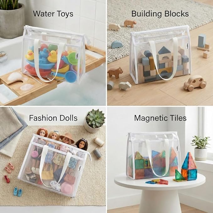 HOLAY 4 Pack Clear Toy Storage Bags with Handle ??Playroom Organizer Bins for Kids Toys, Board Games, Busy Bags, and Homeschool Supplies, Transparent PVC Front & Reinforced Base(White, X-Large)