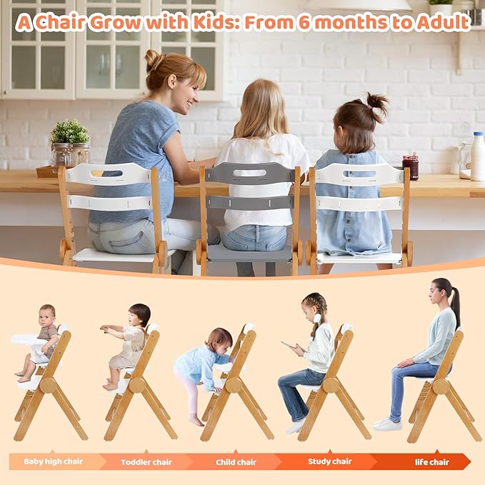 Ezebaby Foldable Wooden High Chair, No-Tools Adjustable Baby High Chair for Toddlers to Adult, Space-Saving Space Highchairs with Double Tray & Washable Cushion (Modern White)