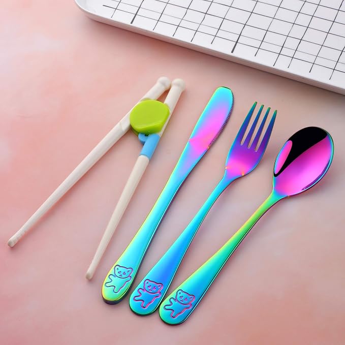 Stainless Steel Kids Silverware with Training Chopsticks, 8 Pieces Rainbow Toddler Utensils for 4-12 Years Old, Food Grade Metal Kids Utensils Set, Children Safe Flatware, Dishwasher Safe, Poylim